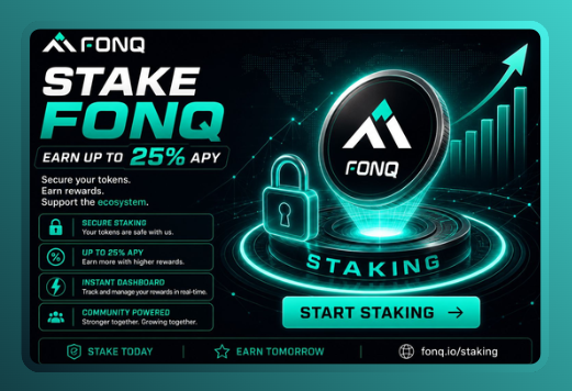 A promotional banner for FONQ staking that advertises "EARN UP TO 25% APY" alongside a glowing 3D token and a "START STAKING" button, directing users to fonq.io/staking.