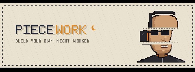 The image is a pixel-art style banner for "PIECEWORK - BUILD YOUR OWN MIGHT WORKER," featuring a bald character wearing VR-style glasses alongside the project's logo. It serves as promotional artwork for the PIECEWORK NFT giveaway offering 30X guaranteed spots to mint at 0.0006 ETH on the Ethereum network.