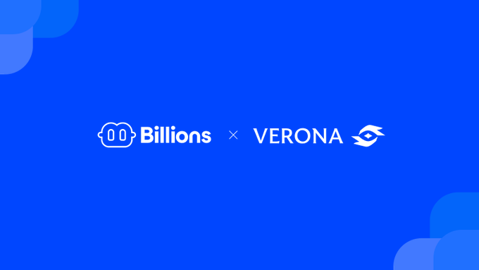 A bright blue promotional graphic announces a partnership between "Billions" and "VERONA," separated by an "×" symbol, with both brands displayed in white centered text. The image visually represents the collaboration mentioned in the post, highlighting how Billions agents will benefit from Verona's zero-knowledge verification to ensure authentic information.