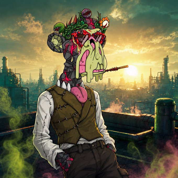 A digital illustration of a monstrous humanoid figure with a stitched vest and a grotesque head featuring Venus flytraps and a sword, standing against an industrial sunset backdrop.