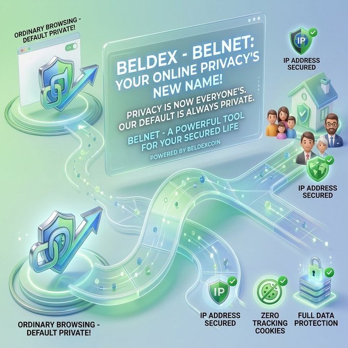 A promotional graphic for 'BELDEX - BELNET: YOUR ONLINE PRIVACY'S NEW NAME!' advertising privacy features like 'IP ADDRESS SECURED,' 'ZERO TRACKING COOKIES,' and 'FULL DATA PROTECTION,' powered by BeldexCoin.
