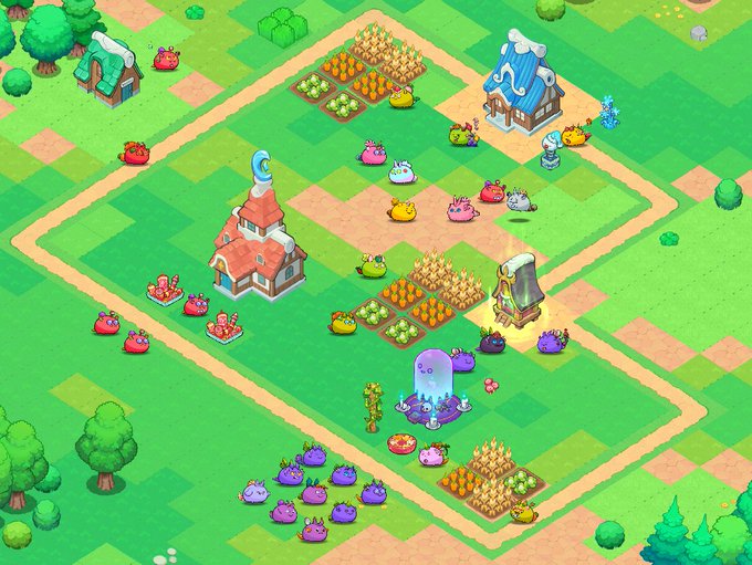 An isometric view of a colorful mobile game farming village populated with various round, colorful monster characters and crop fields.