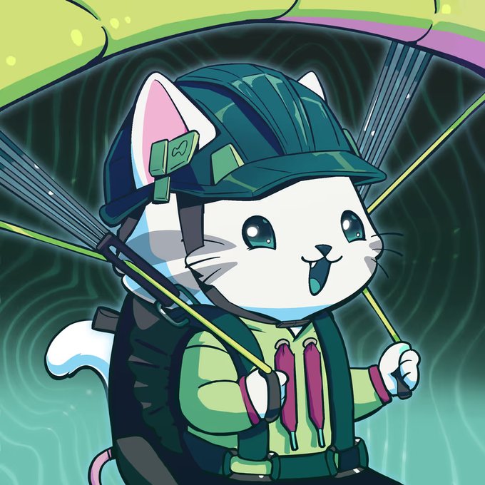 An anime-style illustration of a cute white cat character wearing a green helmet and harness while paragliding through a teal, aurora-like sky.