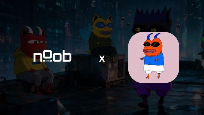 A promotional graphic with a 'NOOB' logo featuring characters in yellow masks and a cartoon character with red horns, indicating a collaboration or partnership.