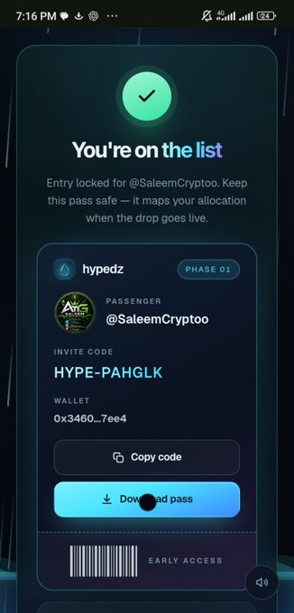 The image displays a confirmation screen for hypedz with the message "Entry locked for @SaleemCryptoo," a Phase 01 tag, an invite code "HYPE-PAHGLK," and a wallet address, with options to "Copy code" and "Download pass." This aligns with the post's announcement about a hypedz airdrop, encouraging early registration using the specific invite code provided.