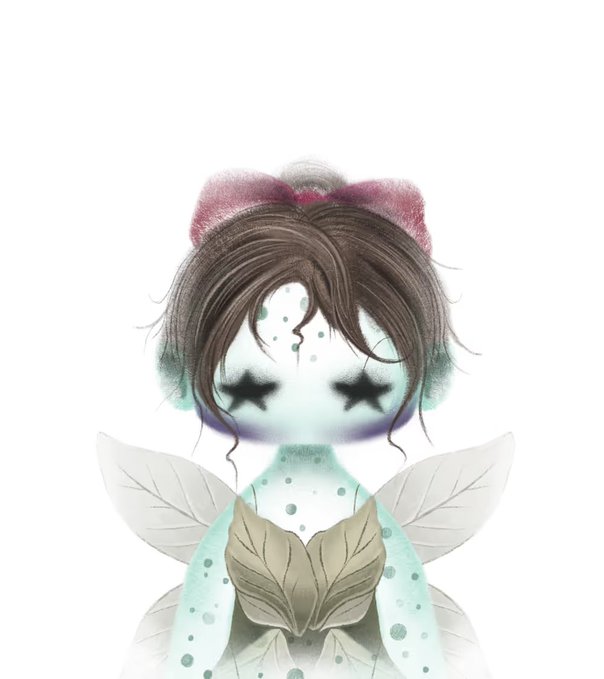 A digital illustration of a fairy-like character with pale teal skin, dark starry eyes, a red bow in her messy hair, and translucent wings and leaf-like attire.