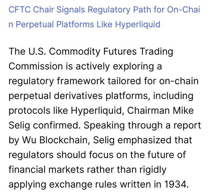The text of the image provides information about a trading regulation path for CFTC Chair trading platforms that resemble hedge funds, called "TCOT Chair signals regulatory path for On-Chai n Perpetual Platforms Like Hyper Liquid". This regulation path is designed to address and manage the risks associated with these types of trading platforms. The post further elaborates on this topic by stating that cryptocurrencies like Bitcoin are bleeding at $63K in 30 days, and a token up 18% in 30 days has been handed over to the CFTC by an ex- trader who wants them to price it upward.