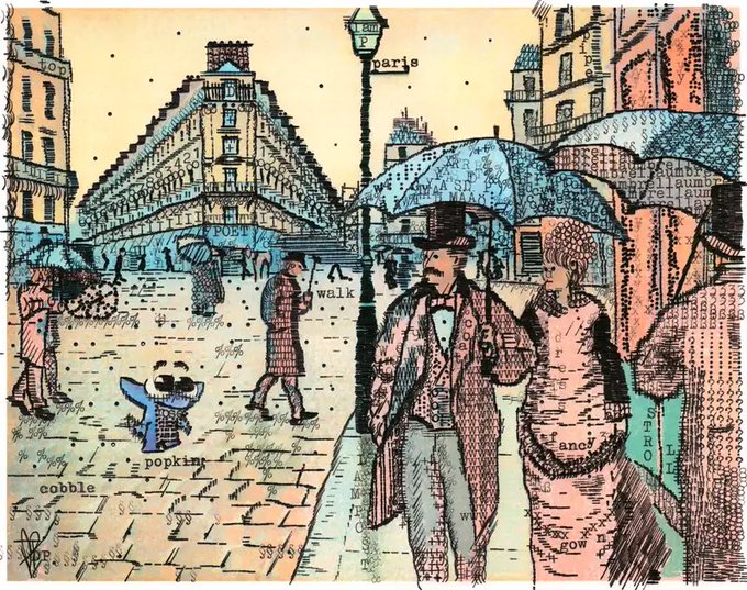 A whimsical, text-filled illustration depicts a rainy Paris street scene, with figures holding umbrellas and walking along cobblestones, featuring visible labels like "paris," "walk," "cobble," "popkim," "fancy," and "FROG." The artwork relates to the post by being one of the "toads"—creative pieces in a growing collection—showcasing the rich visual trickery of layered typography and detailed street imagery.