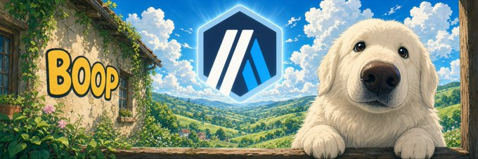 An illustrated scene featuring the word 'BOOP' on a stone building, a blue hexagonal logo, and a cute white puppy looking over a wooden fence against a scenic countryside backdrop.