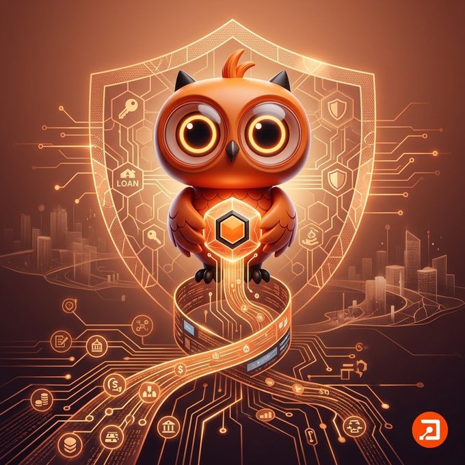 A stylized digital illustration depicts a cartoonish orange owl holding a glowing cube, positioned in front of a shield with the word 'LOAN' and a keyhole, set against a backdrop of a city skyline and circuit board patterns in warm orange hues.