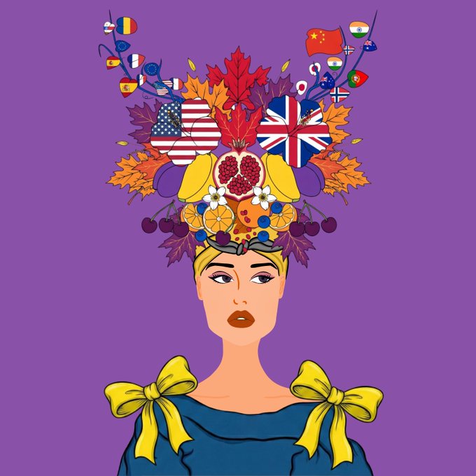 A colorful illustration of a woman with an elaborate headdress featuring autumn leaves, fruit (including pomegranate and oranges), flowers, cherries, and various country flags arranged in butterfly-like patterns, set against a purple background.