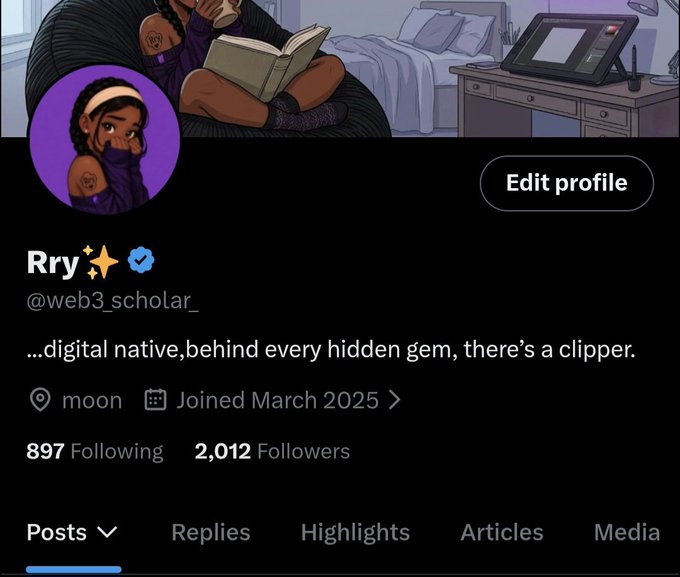 A Twitter/X profile screenshot for "Rry ✨" (@web3_scholar_) with a verified blue checkmark, showing 2,012 followers and 897 following. The image directly supports the post by displaying the newly crossed 2K follower milestone, capturing the exact moment of achieving that long-awaited benchmark.