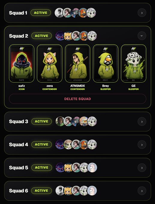 A mobile app interface showing six squads labeled 'Squad 1' through 'Squad 6', each marked 'ACTIVE', with Squad 2 expanded to display members 'safz ICON', 'zera CONTENDER', 'ATNSMDX CONTENDER', 'Brey SLEEPER', and 'GE SLEEPER' along with a 'DELETE SQUAD' option.