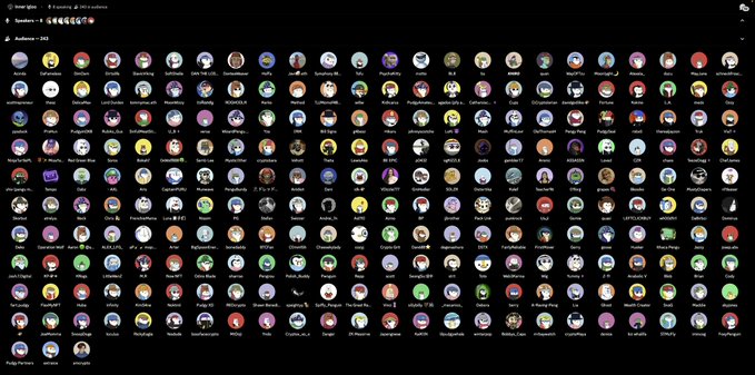 A screenshot of a group chat or channel displaying a massive grid of dozens of user profile pictures against a black background.