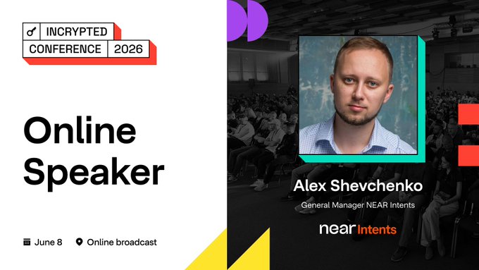 The image features a poster for an online speaker named Alex Shevchenko who will be speaking at a conference. The poster includes a photo of Alex Shevchenko with his face, along with text that reads "Online Speaker" and "Fireside Reveal @near_intents Fireside 5:30-6:00 PM UTC 06/08/26". The poster also mentions the event's title as "Incrusted Conference 2026", indicating it is a virtual conference.