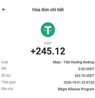 A transaction detail screen showing an airdrop reward of +245.12 USDT from the Bitget Alliance Program, with a timestamp of 2026-10-01.