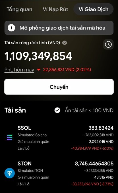 A Vietnamese-language cryptocurrency wallet app interface (MocketAI) showing a virtual portfolio balance of 1,109,349,854 VND with simulated assets SSOL and STON, both showing significant losses.