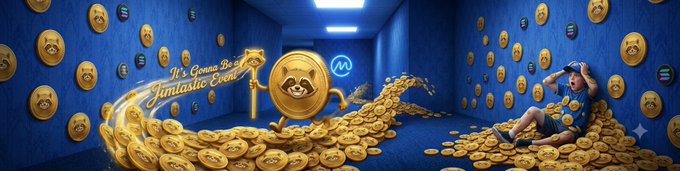 A promotional-style image shows a character with a "Merlin" hat celebrating atop a massive pile of gold Memecoin (MEME) coins in a blue room, with the text "It's Gonna Be A Fantastic Event" alongside a lion mascot. The image reflects the post's excited "Jimothy forever" sentiment, using the celebratory gold coin imagery to convey enthusiasm and hype around a memecoin event.