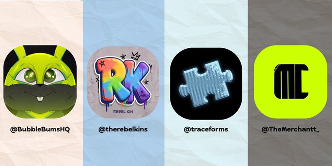 Four square digital profile icons display social media handles: @BubbleBumsHQ (a green alien character), @therebelkins (RK graffiti), @traceforms (blue puzzle piece), and @TheMerchantt_ (monochrome C logo).
