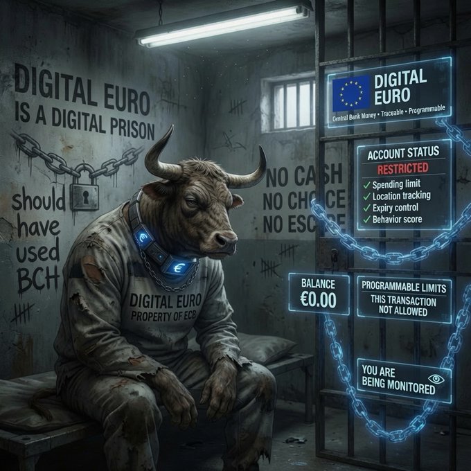 An AI-generated illustration depicting a bull in a prison uniform labeled 'DIGITAL EURO PROPERTY OF ECB' sitting in a cell, with text criticizing the Digital Euro as a 'digital prison' and showing interface panels indicating 'ACCOUNT STATUS RESTRICTED' and 'YOU ARE BEING MONITORED'.