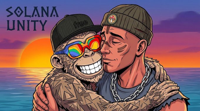 A digital illustration features a monkey wearing a 'free' cap and rainbow sunglasses hugging a human character wearing a beanie and chain necklace, with 'SOLANA UNITY' text in the top left corner against a sunset background.