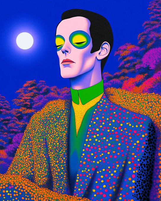 A vibrant psychedelic portrait of a serene figure with closed eyes wearing green and yellow makeup against a moonlit blue sky, dressed in a blue dotted robe over a yellow shirt.