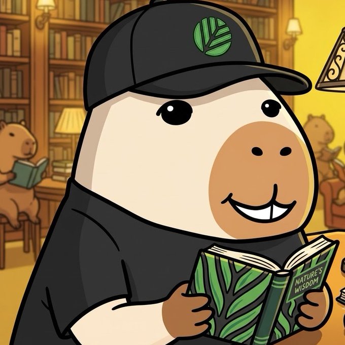 A cartoon capybara wearing a black cap with a green leaf logo and a black shirt, reading a book titled 'NATURE'S WISDOM' in a library setting with other capybaras in the background.