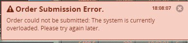 An error message on a screen reads "Order Submission Error. Order could not be submitted: The system is currently overloaded. Please try again later." with a timestamp of 18:08:07, symbolizing the collapse of overloaded trading systems and marking the end of an era.
