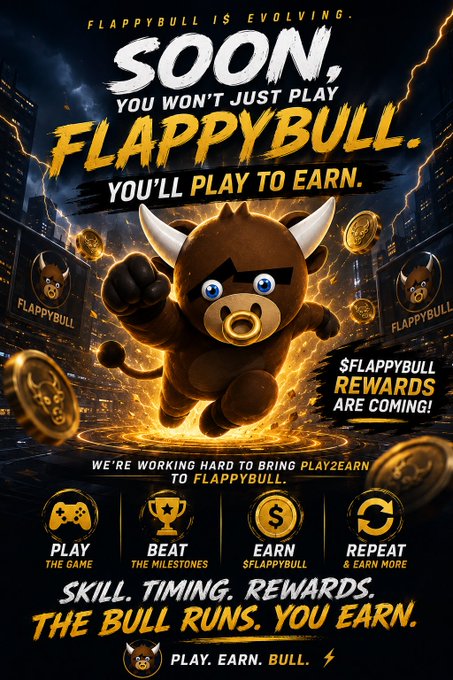Promotional poster for 'Flappybull' featuring a charging bull mascot and the text 'SOON, YOU WON'T JUST PLAY FLAPPYBULL. YOU'LL PLAY TO EARN.' with bullet points: 'PLAY THE GAME', 'BEAT THE MILESTONES', 'EARN $FLAPPYBULL', 'REPEAT & EARN MORE'.