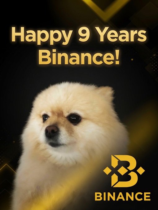 A celebratory graphic featuring a fluffy Pomeranian dog with the text 'Happy 9 Years Binance!' and the Binance logo in gold against a black background.