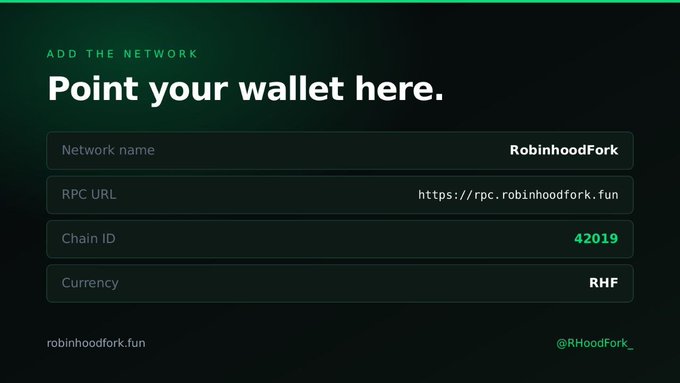 A digital interface titled 'Point your wallet here' for the RobinhoodFork network, displaying network details: Network name 'RobinhoodFork', RPC URL 'https://rpc.robinhoodfork.fun', Chain ID '42019', and Currency 'RHF'.
