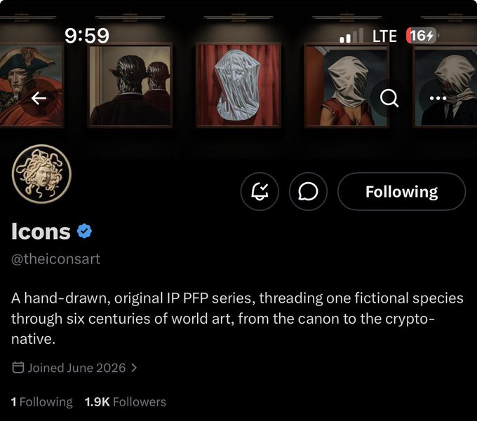 An X (Twitter) profile for "Icons" (@theiconsart) with a Medusa avatar, describing itself as 'A hand-drawn, original IP PFP series, threading one fictional species through six centuries of world art, from the canon to the crypto-native,' with 1.9K followers.