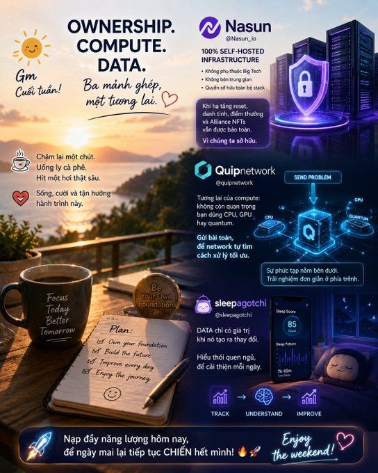An infographic-style promotional image titled 'OWNERSHIP. COMPUTE. DATA.' featuring various text sections in English and Vietnamese about Nasun_, Quipnetwork, and Sleepagotchi, along with a morning coffee scene.