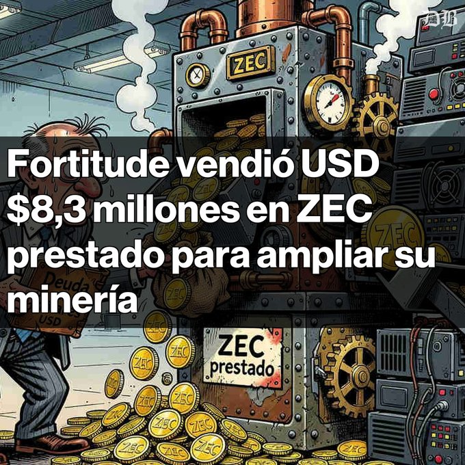 Cartoon illustration of a man with coins next to a machine labeled 'ZEC', with Spanish text: 'Fortitude vendió USD $8,3 millones en ZEC prestado para ampliar su minería'.