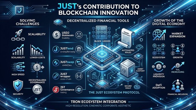 A futuristic infographic titled "JUST's Contribution to Blockchain Innovation" illustrates the JUST Ecosystem Protocol, highlighting features like USDJ stablecoin, JUSTlend, JUSTswap, JUST wrapper, and JST, along with key benefits such as scalability, security, lower costs, and high speed, all supporting decentralized finance and Tron ecosystem integration.