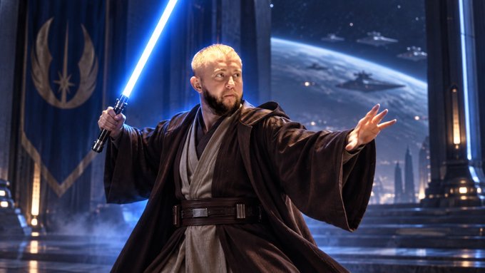 A digital artwork showing a Jedi with a blue lightsaber in a brown robe standing in a Force-pushing pose with a planet and Star Destroyers visible through a window behind him.
