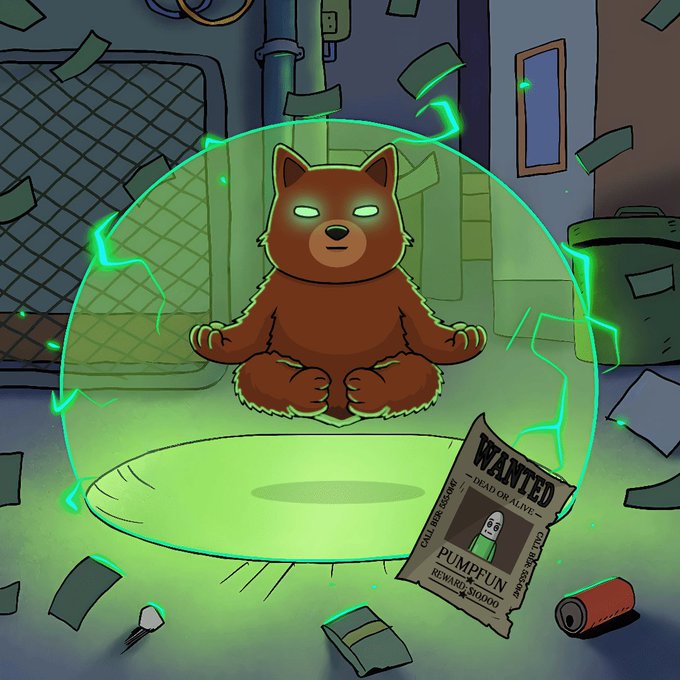 The image features a cartoon bear sitting inside a bubble that has a green glow, surrounded by various objects such as a newspaper, a book, and some money. The bear appears to be meditating or doing something else while being enveloped by the glowing bubble. In the background, there is a sign for a bounty on pumpkins, which adds an interesting element to the scene. The post about Pumpfun has been shared with this image, suggesting that it might have been created as part of a promotional campaign or social media post related to Pumpfun and its mysterious green energy.