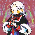 A pixel art depiction of a white-haired character with an eyepatch holding a red object.