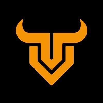 An orange logo resembling a bull or horned emblem on a black background.