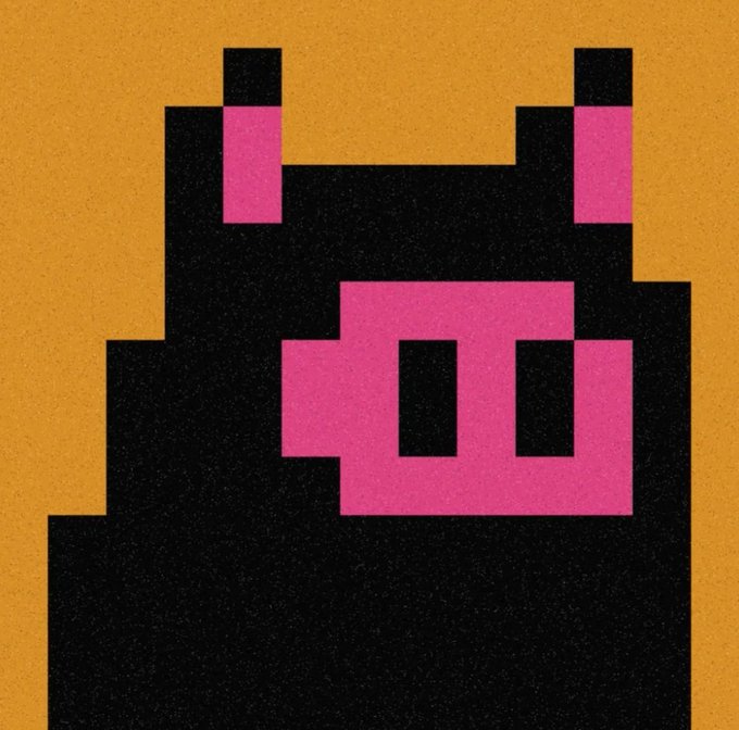 A pixel art illustration of a black creature with pink ears, eyes, and snout set against a grainy yellow background.