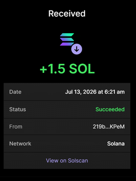 Screenshot of a successful crypto transaction receipt showing a received amount of +1.5 SOL on the Solana network, dated July 13, 2026, serving as proof of purchase for 30 million $RBULL tokens as mentioned in the post.
