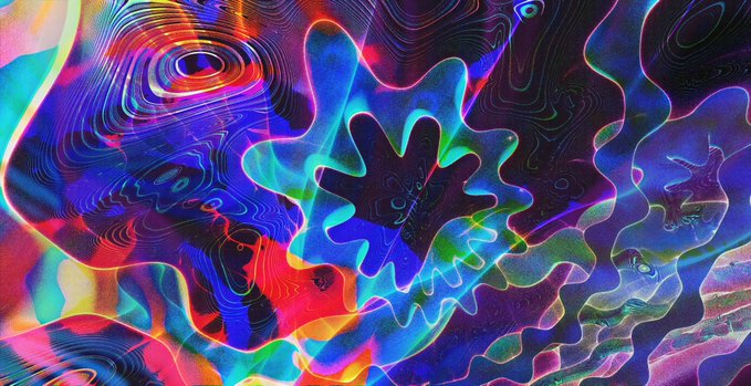 The image features a large abstract painting with a variety of colors and shapes, including blue, green, red, purple, and orange hues. The artwork appears to be a digital art piece that has been edited or manipulated to create an intriguing visual effect. The artist's name is mentioned in the post, suggesting that this might be a collection or series of pieces by the same artist.