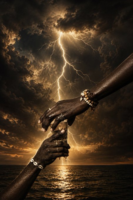 A dramatic digital artwork showing two hands clasped together reaching upward against a stormy sky with a lightning bolt striking down, set over an ocean horizon.