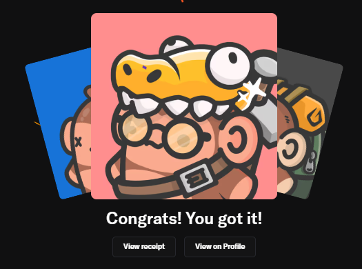 CryptoPunks NFT collection reveal screen displaying three character cards with the message 'Congrats! You got it!' and options to 'View receipt' or 'View on Profile'.
