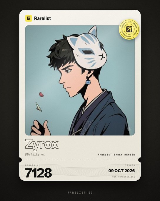 Rarelist NFT membership card featuring anime-style artwork for user 'Zyrox' (#7128), issued October 2026.
