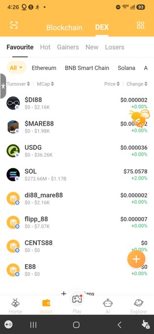 A mobile screenshot of a cryptocurrency DEX app showing the 'Favourite' tab with tokens including $DI88, $MARE88, USDG, SOL ($75.0578, +2.00%), di88_mare88, flipp_88, CENTS88, and E88, with tabs for Ethereum, BNB Smart Chain, and Solana.
