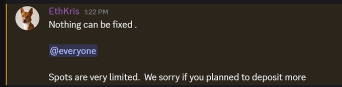 A Discord message from 'EthKris' stating 'Nothing can be fixed' and tagging @everyone, noting that 'Spots are very limited.'