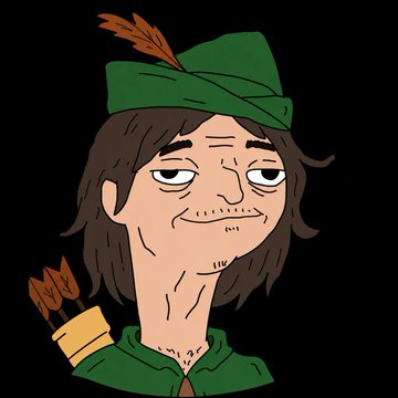 A cartoon illustration depicts a rugged, weary-looking Robin Hood character with a green feathered hat, stubble, and a quiver of arrows on his back, serving as a humorous visual play on the "Robinhood" name in reference to Robinhood founder Vlad Tenev and the $VHOOD meme coin community mentioned in the post.