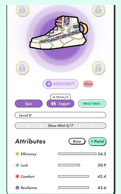 A sneaker NFT attributes screen showing an Epic Jogger shoe (Mint 0/7) with stats including 54.3 Efficiency, 30.9 Luck, 43.4 Comfort, and 43.6 Resilience, with ID #603518571.