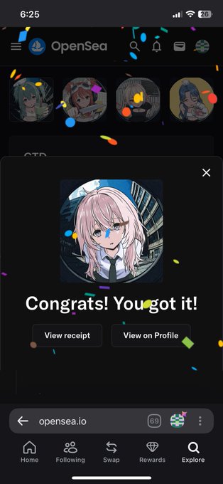 A mobile screenshot of OpenSea displays a 'Congrats! You got it!' success message after acquiring an anime-style NFT featuring a pink-haired character, with confetti animation and options to 'View receipt' or 'View on Profile'.